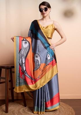 Grey Printed Satin Saree Set