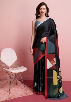 Black Abstract Print Satin Saree Set