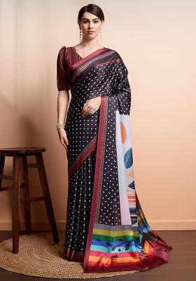 Navy Blue Printed Satin Saree Set