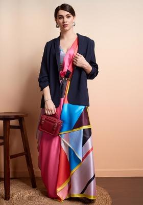 Pink Printed Satin Saree Set