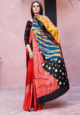 Red Printed Satin Saree Set