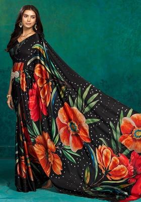 Black Printed Satin Saree Set