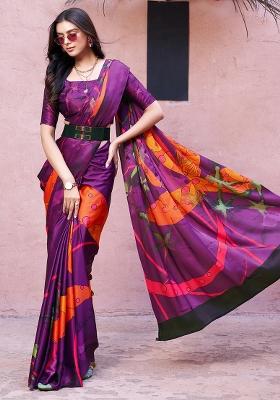 Purple Printed Satin Saree Set