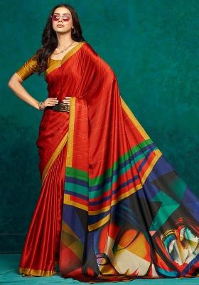 Red Printed Satin Saree Set