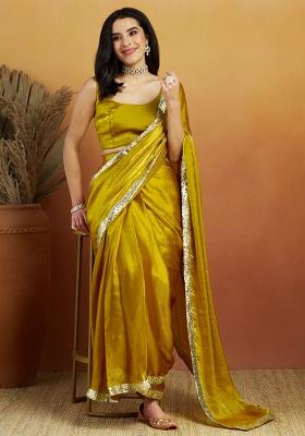 Gold Solid Velvet Saree Set