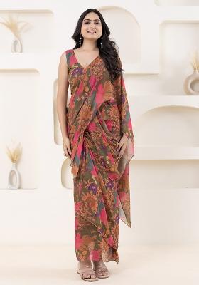 Yellow Floral Crepe Saree Set