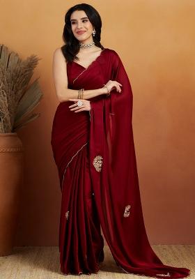 Maroon Solid Tissue Saree Set