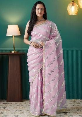 Pink Solid Organza Saree Set