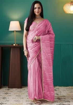 D.Pink Foil Print Organza Saree Set