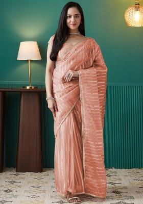 Peach Foil Print Organza Saree Set