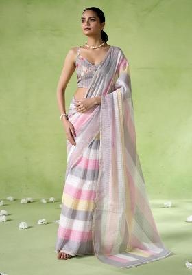 Multicolor Printed Cotton Blend Saree Set