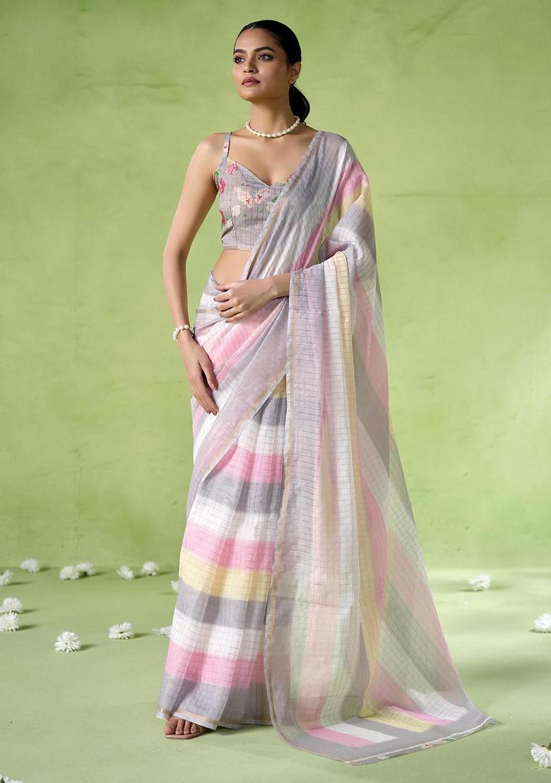 Multicolor Printed Cotton Blend Saree Set