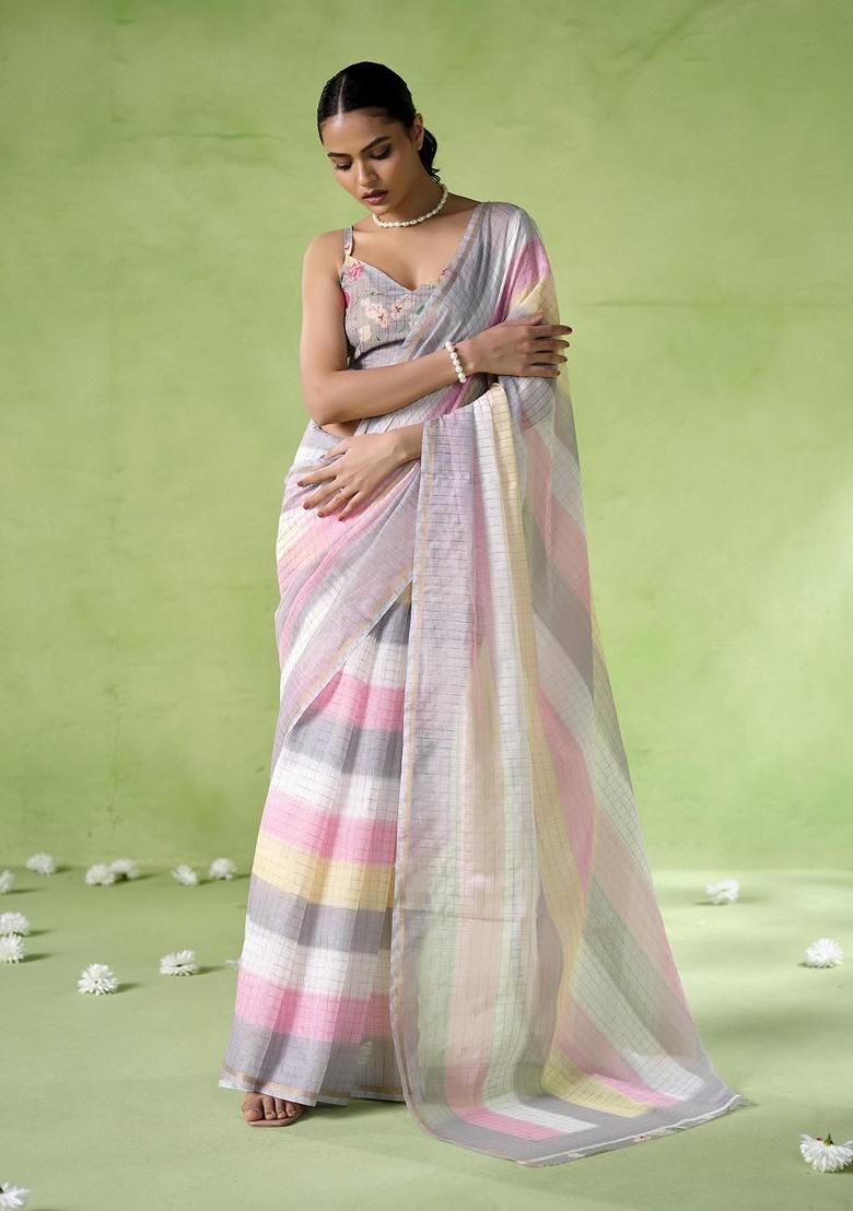 Multicolor Printed Cotton Blend Saree Set