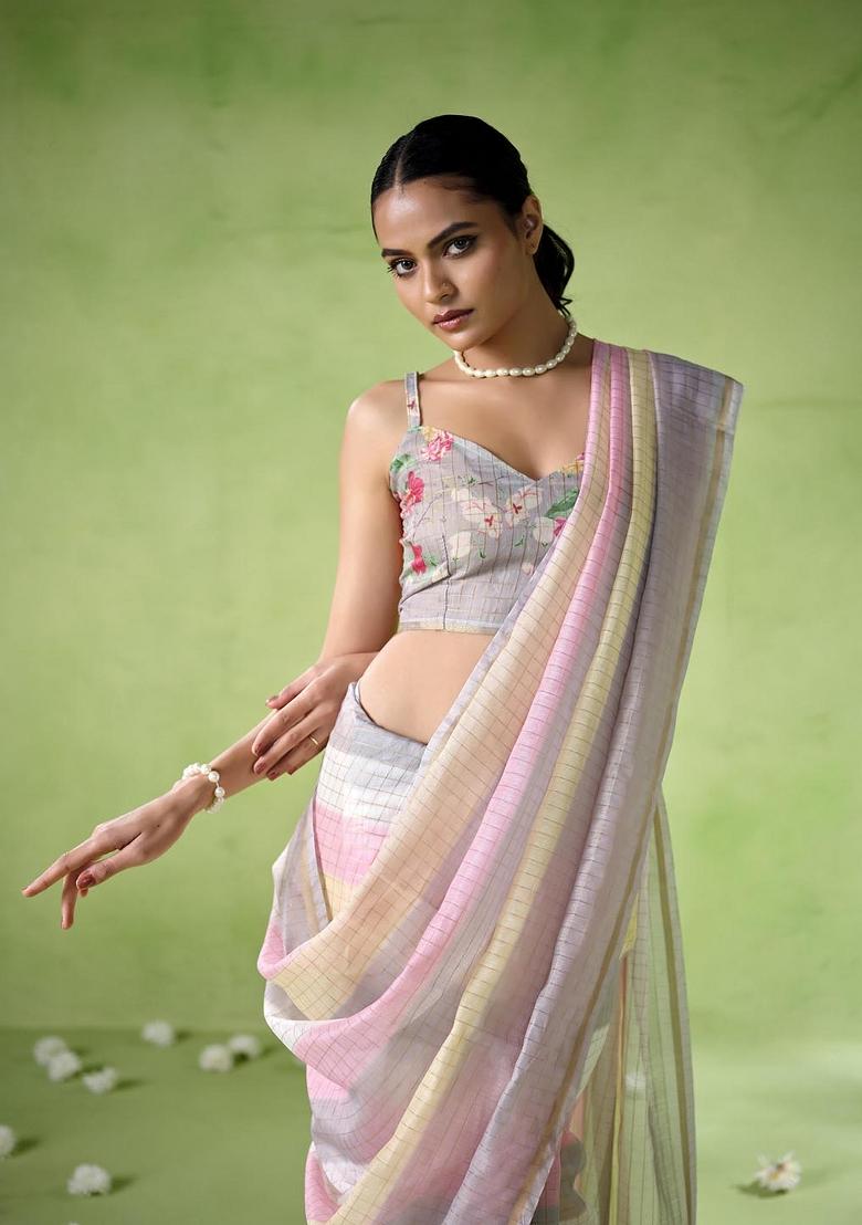 Multicolor Printed Cotton Blend Saree Set