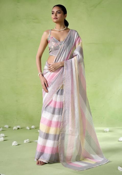 Multicolor Printed Cotton Blend Saree Set