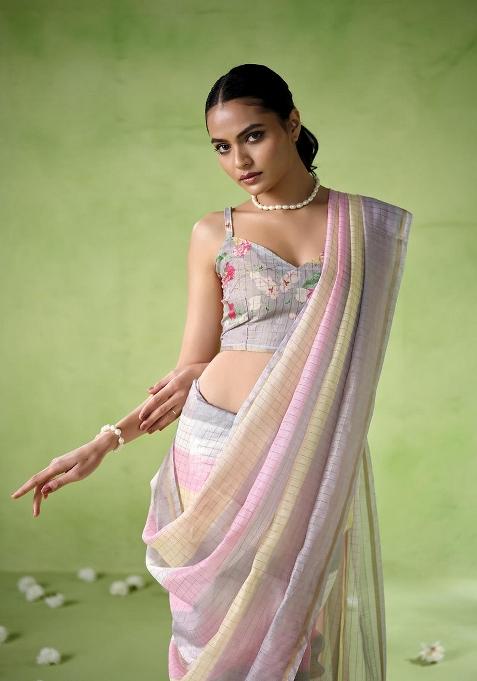 Multicolor Printed Cotton Blend Saree Set