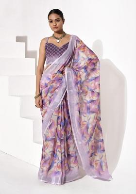 Multicolor Printed Cotton Blend Saree Set