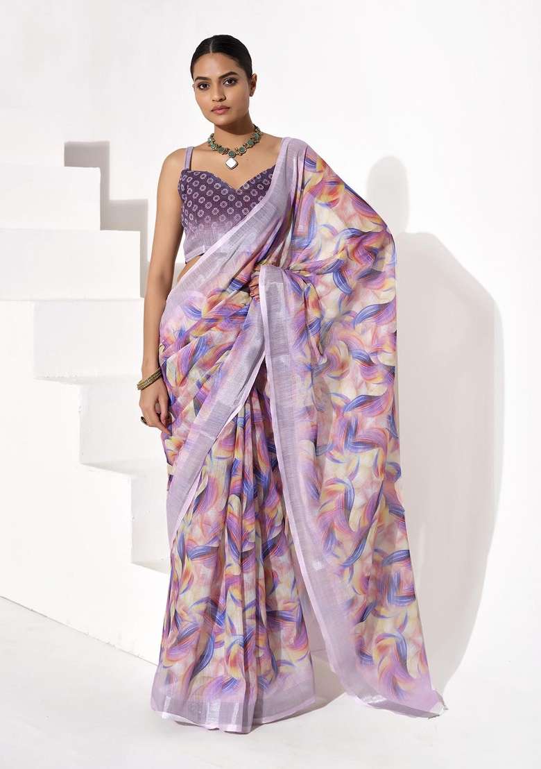 Multicolor Printed Cotton Blend Saree Set - Indya