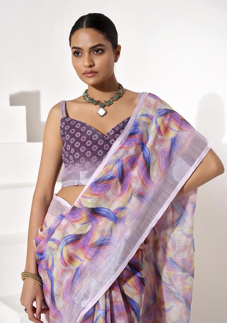 Multicolor Printed Cotton Blend Saree Set