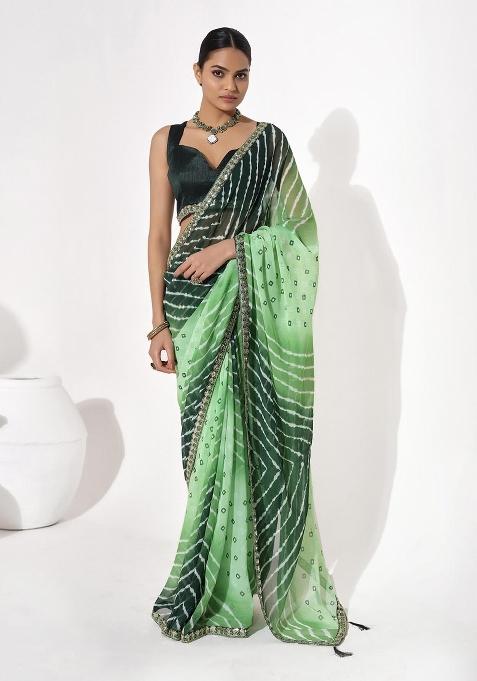 Dark Green Embellished Georgette Saree Set