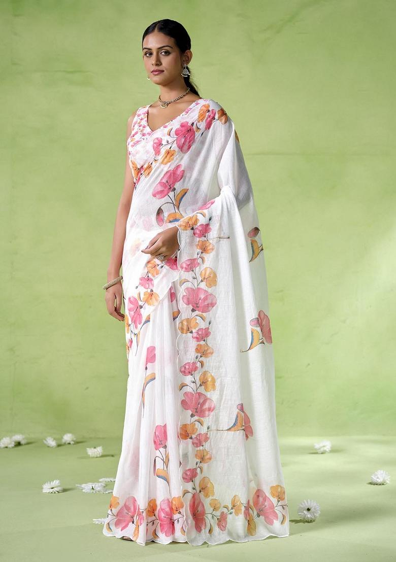 White Printed Cotton Blend Saree Set