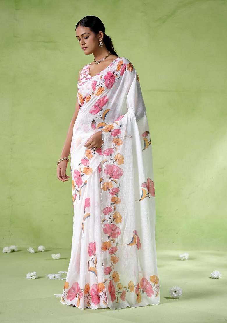 White Printed Cotton Blend Saree Set - Indya