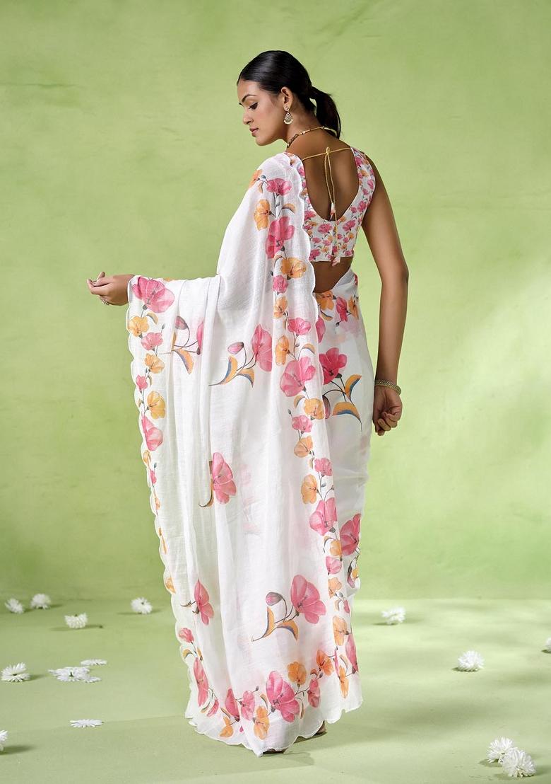 White Printed Cotton Blend Saree Set