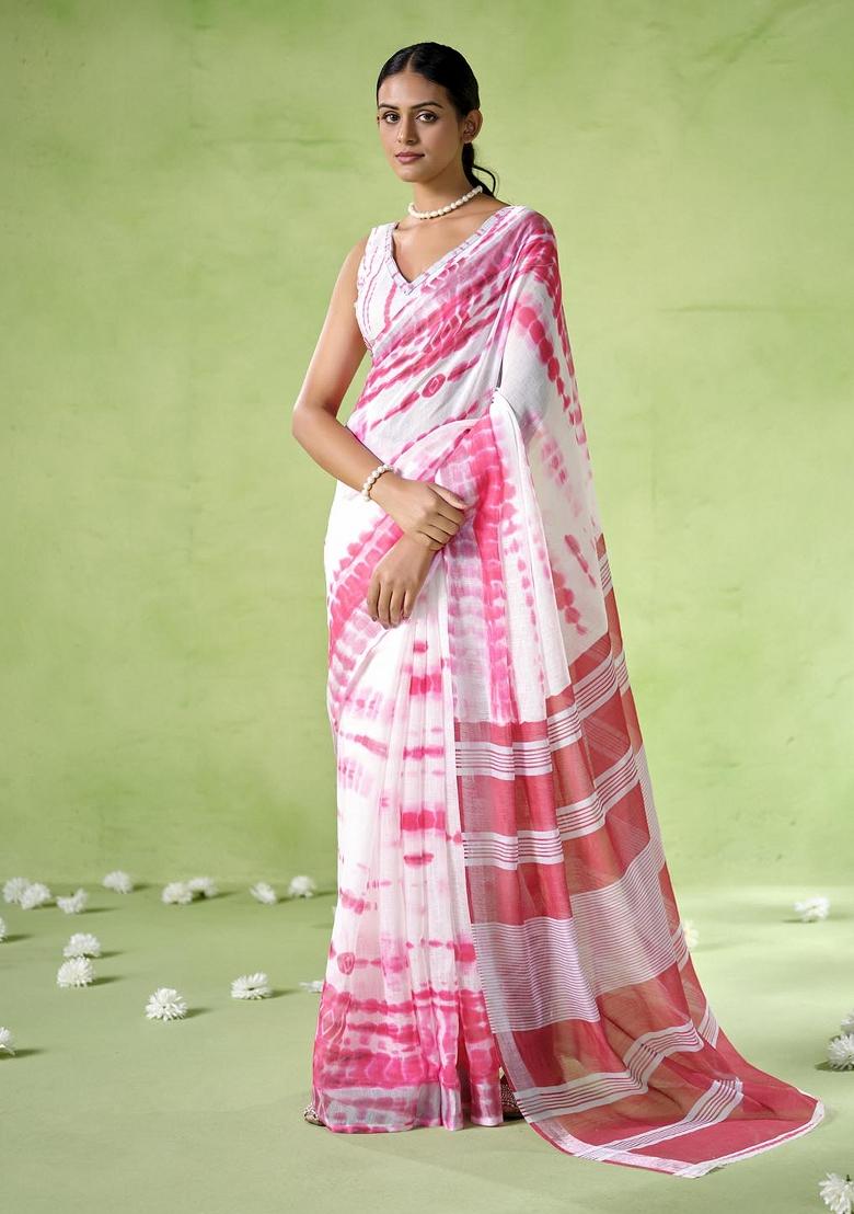 Pink Printed Cotton Blend Saree Set