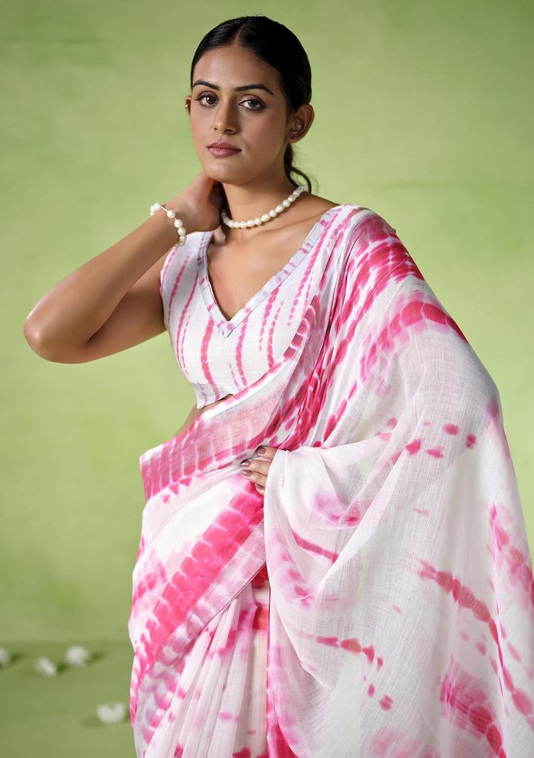 Pink Printed Cotton Blend Saree Set