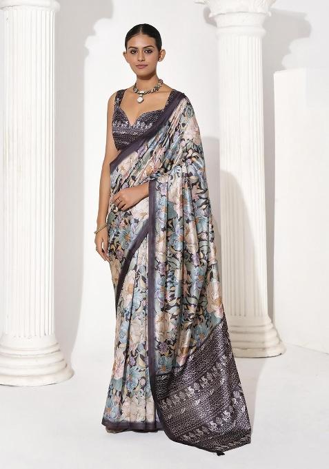 Multicolor Printed Silk Blend Saree Set