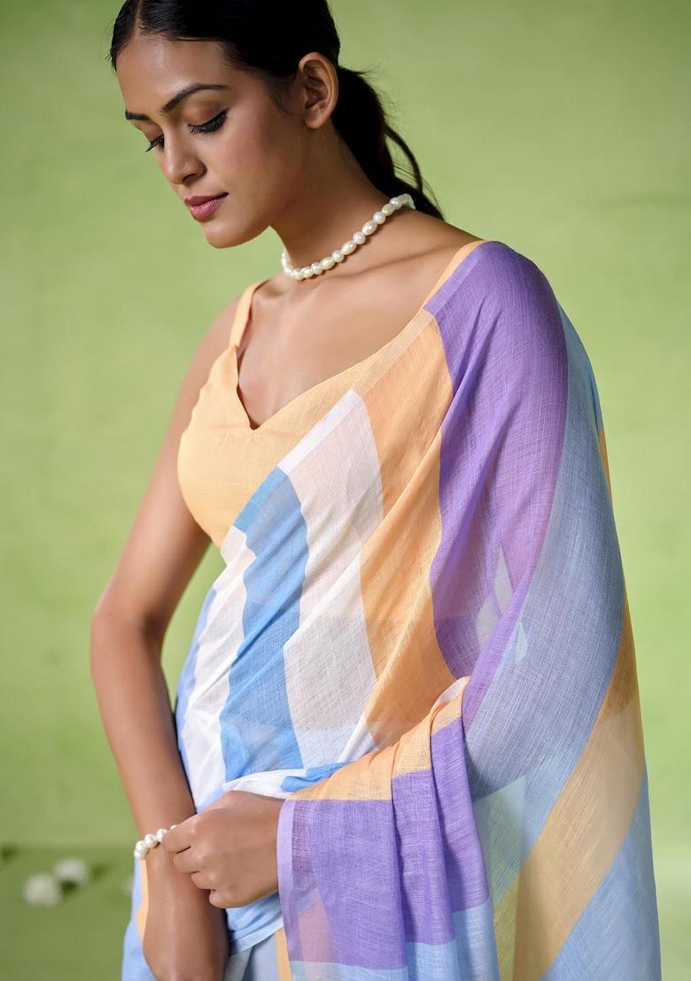 Multicolor Printed Cotton Blend Saree Set