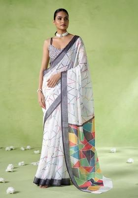 Multicolor Printed Cotton Blend Saree Set