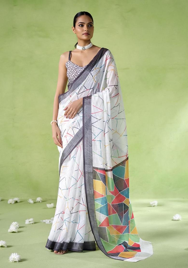 Multicolor Printed Cotton Blend Saree Set