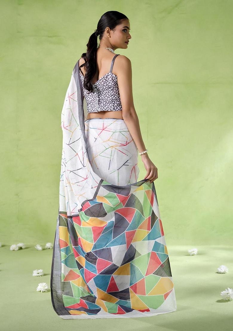 Multicolor Printed Cotton Blend Saree Set
