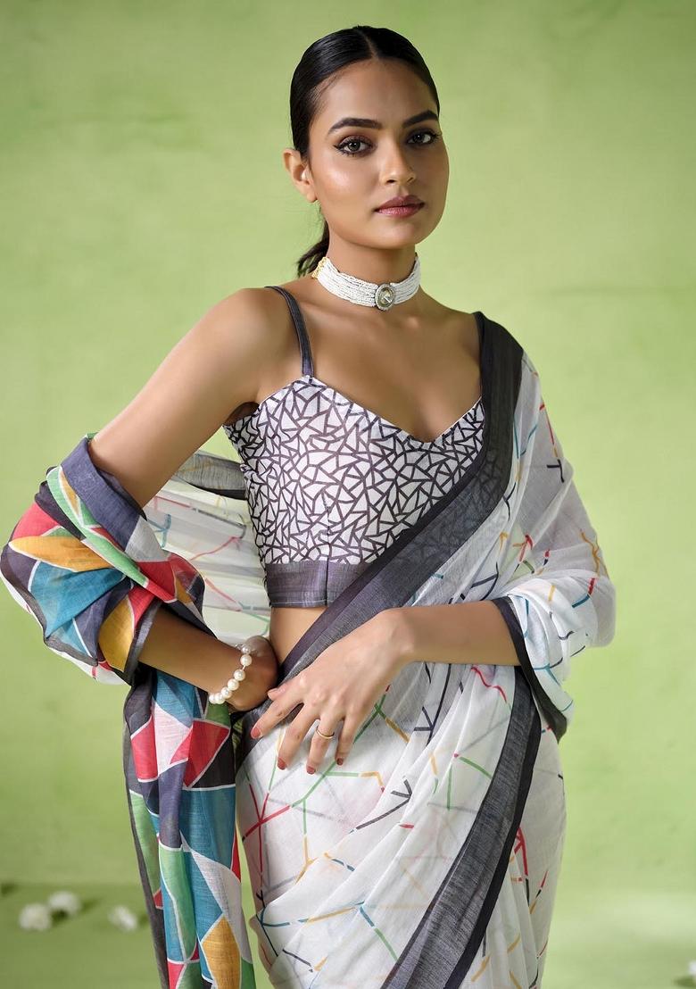 Multicolor Printed Cotton Blend Saree Set