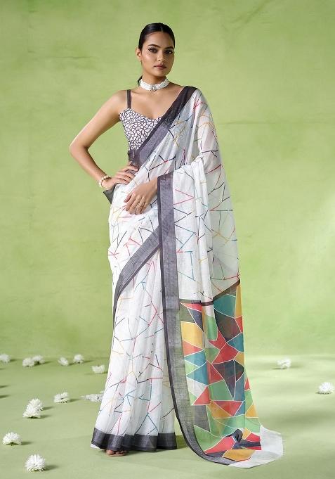 Multicolor Printed Cotton Blend Saree Set