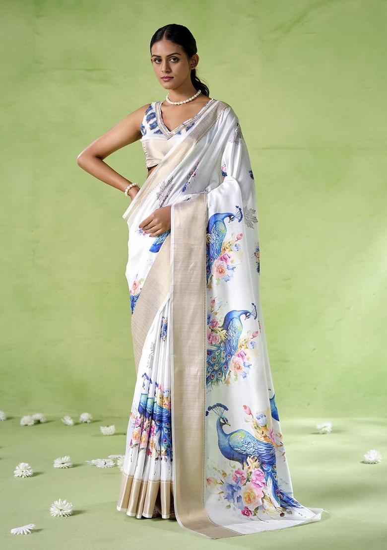 Multicolor Printed Silk Blend Saree Set