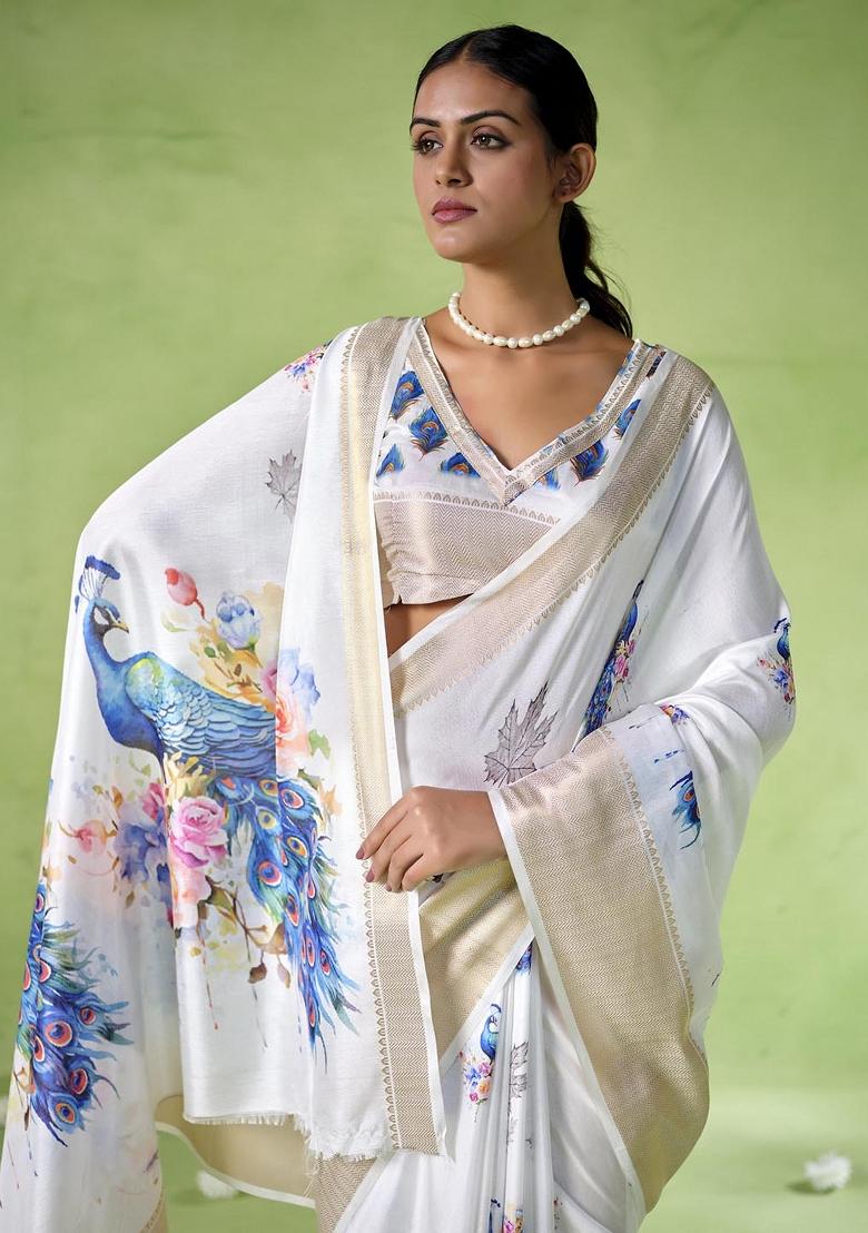 Multicolor Printed Silk Blend Saree Set