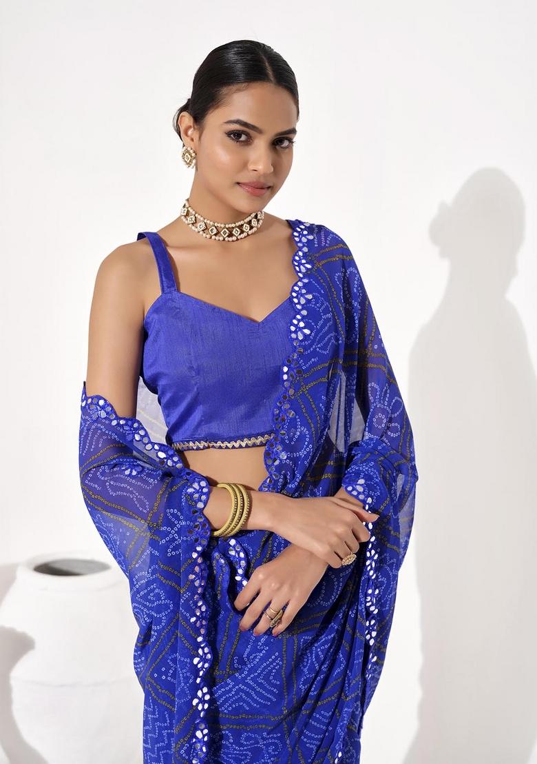 Blue Embellished Georgette Saree Set