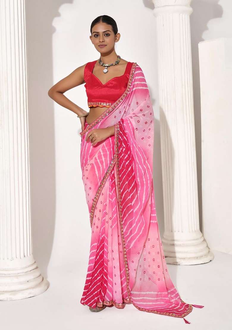 Pink Embellished Georgette Saree Set - Indya