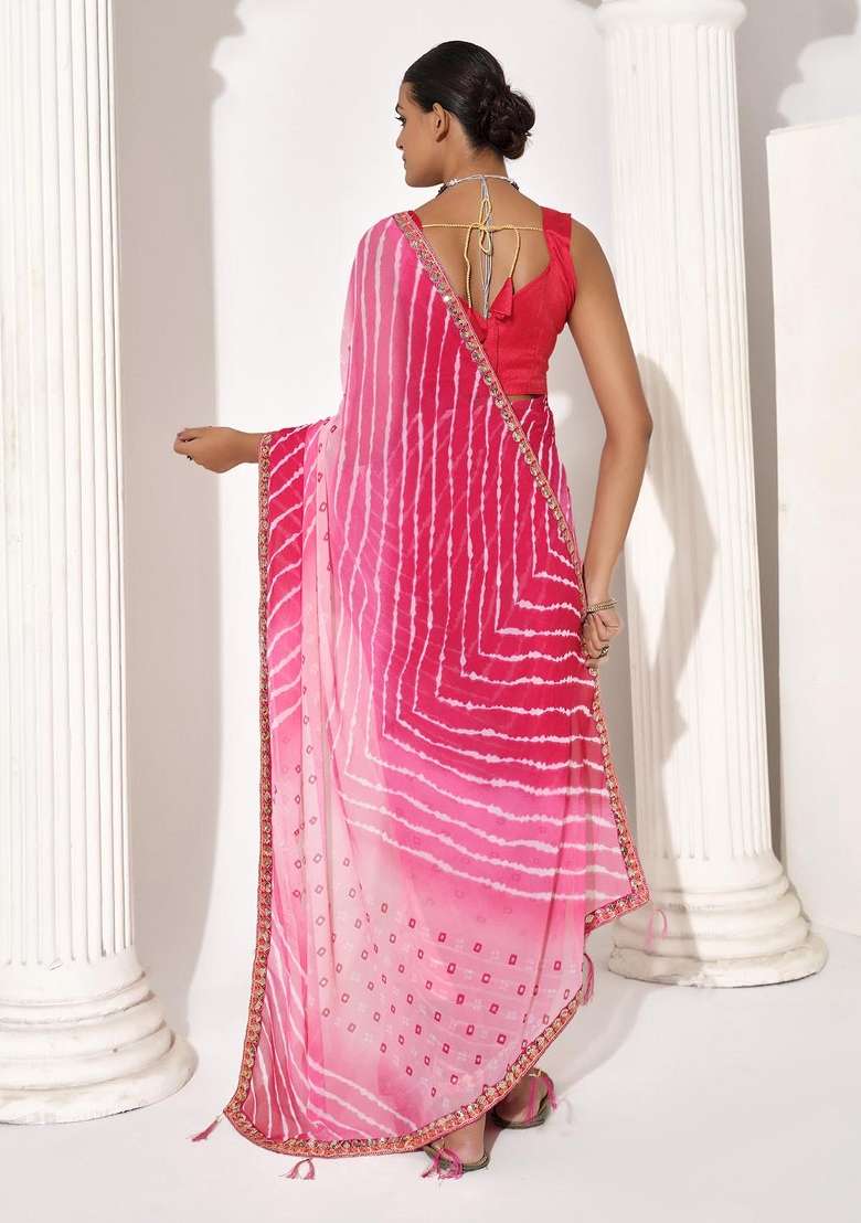 Pink Embellished Georgette Saree Set - Indya