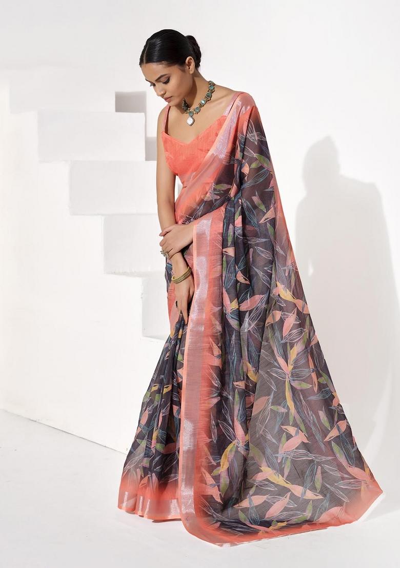 Multicolor Printed Cotton Blend Saree Set