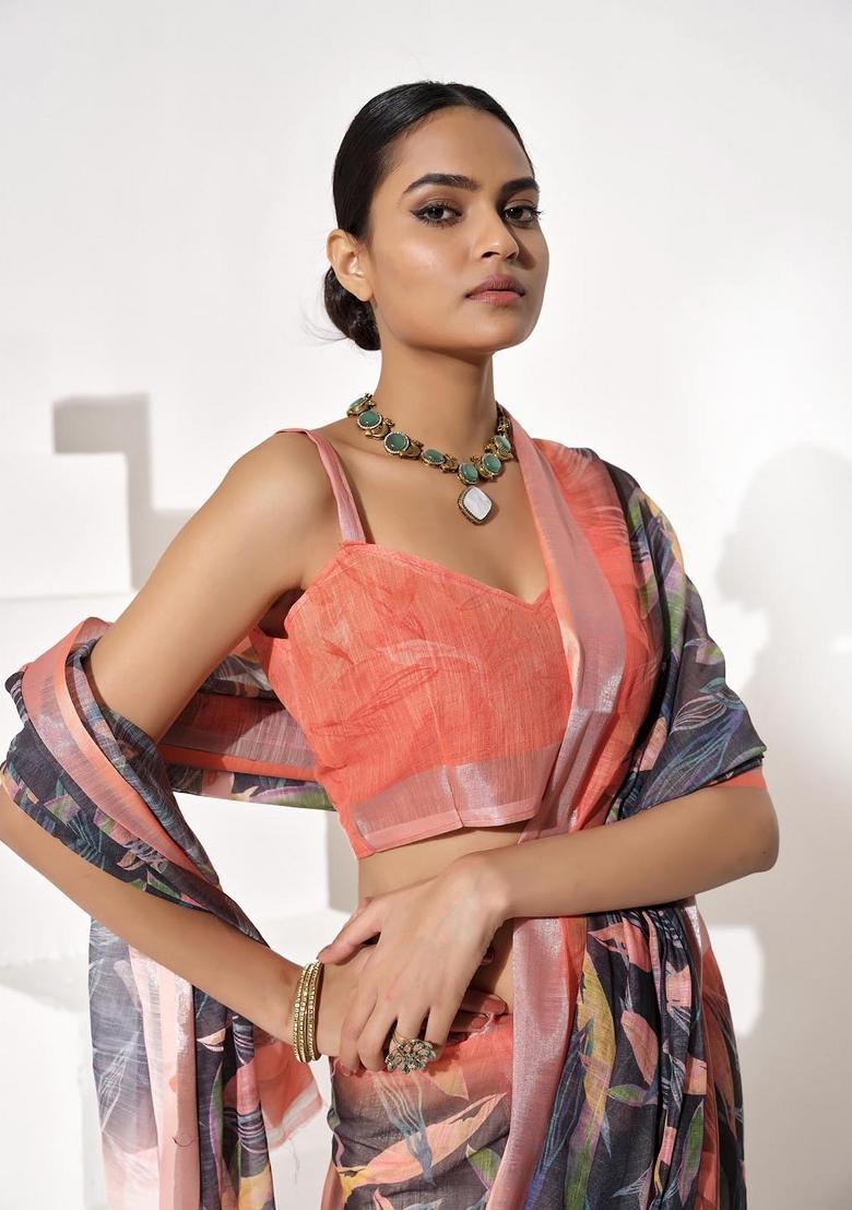 Multicolor Printed Cotton Blend Saree Set