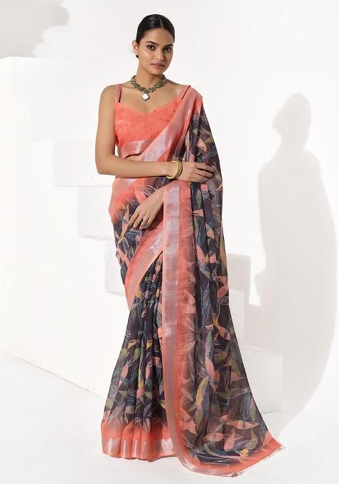 Multicolor Printed Cotton Blend Saree Set