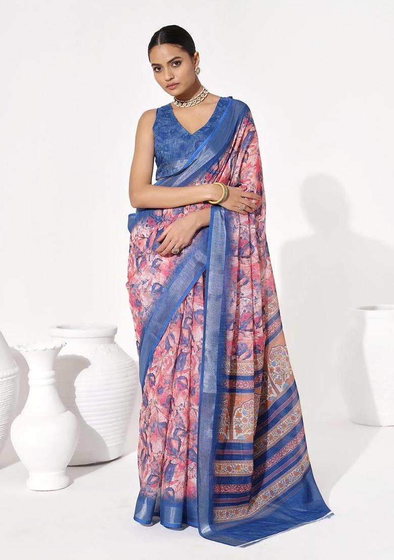 Multicolor Printed Cotton Blend Saree Set