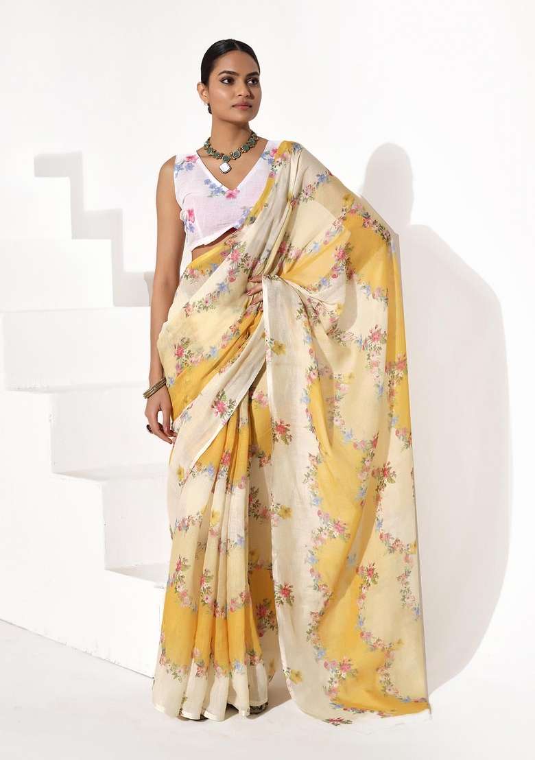 Multicolor Printed Cotton Blend Saree Set - Indya