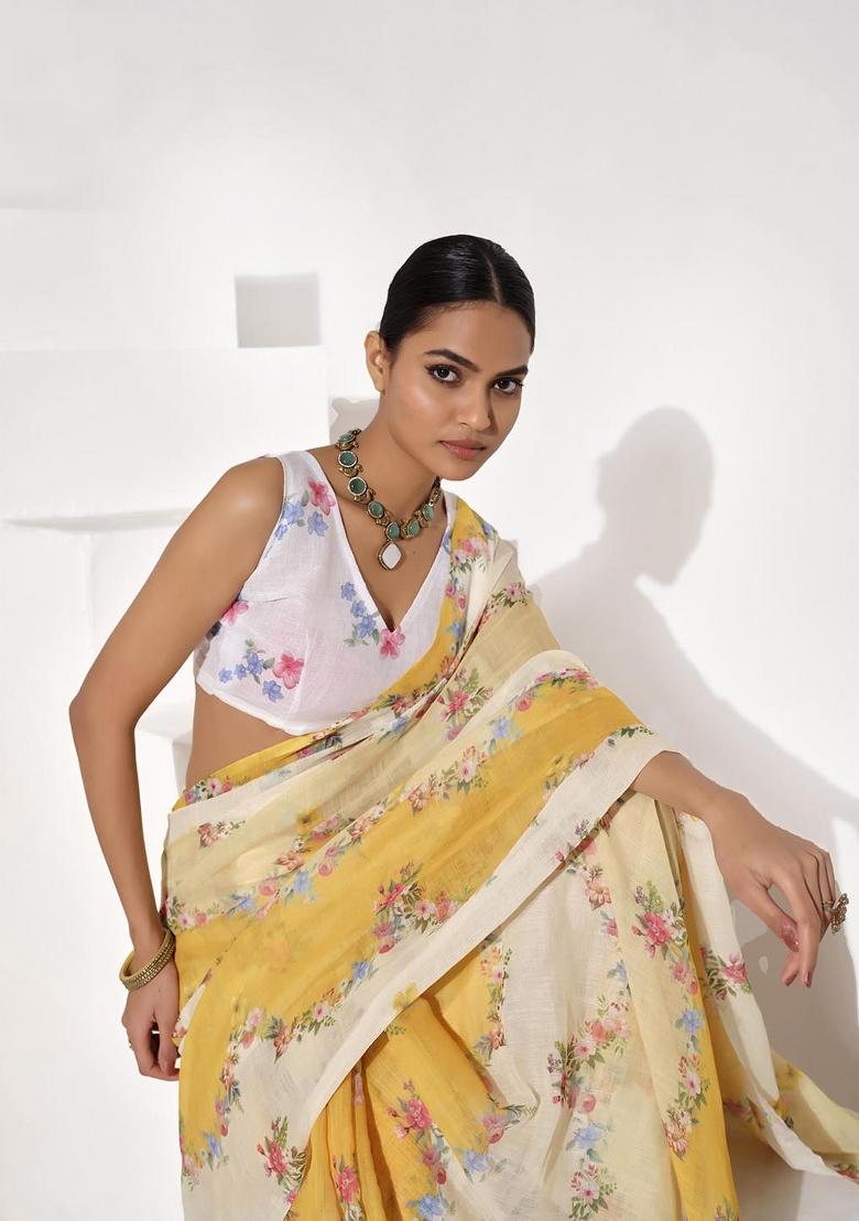 Multicolor Printed Cotton Blend Saree Set