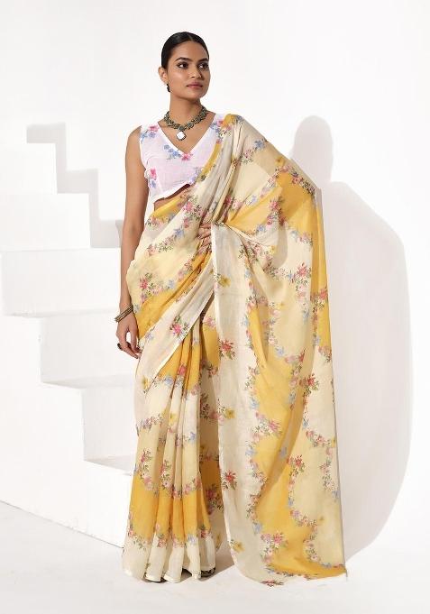 Multicolor Printed Cotton Blend Saree Set