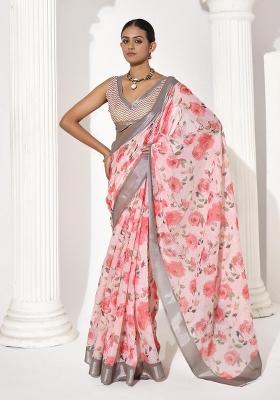Pink Printed Cotton Blend Saree Set