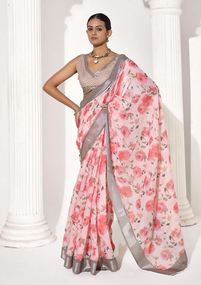 Pink Printed Cotton Blend Saree Set - Indya